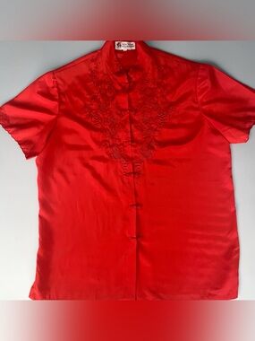 Women's Red Satin Hand Embroidered Mandarin Collar Blouse